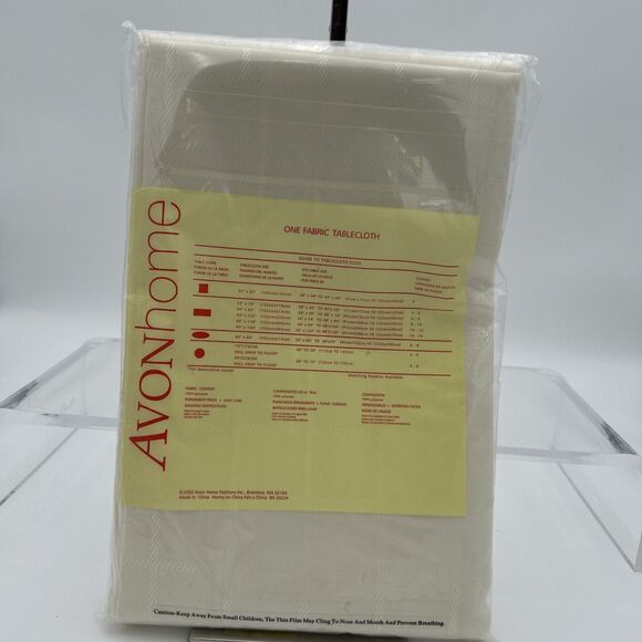 NOS Avon Home Fabric Tablecloth 60" X 84" oblong Cream Square Pattern - Picture 5 of 7